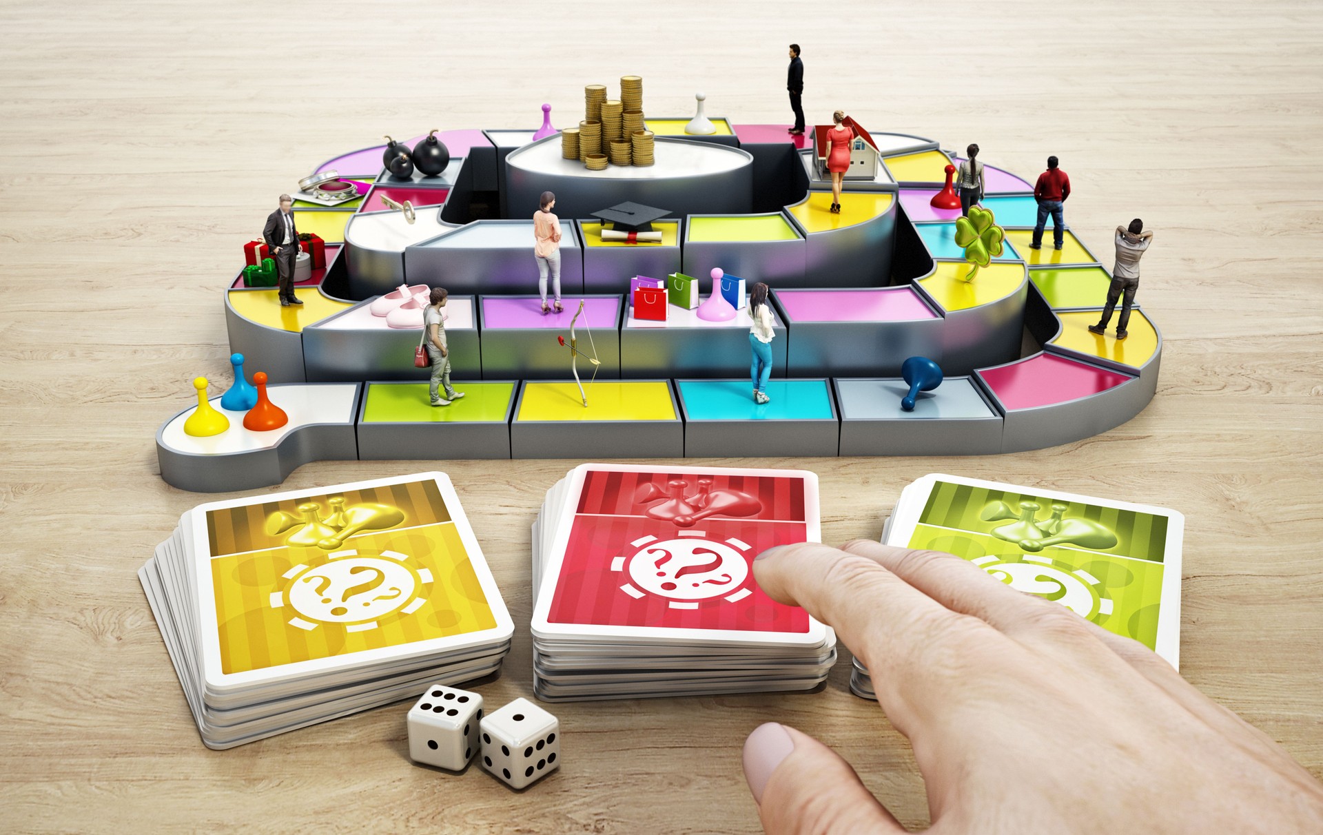 CGI objects standing fictitious board game table and colorful game cards with question mark signs. Choice and decisions concepts