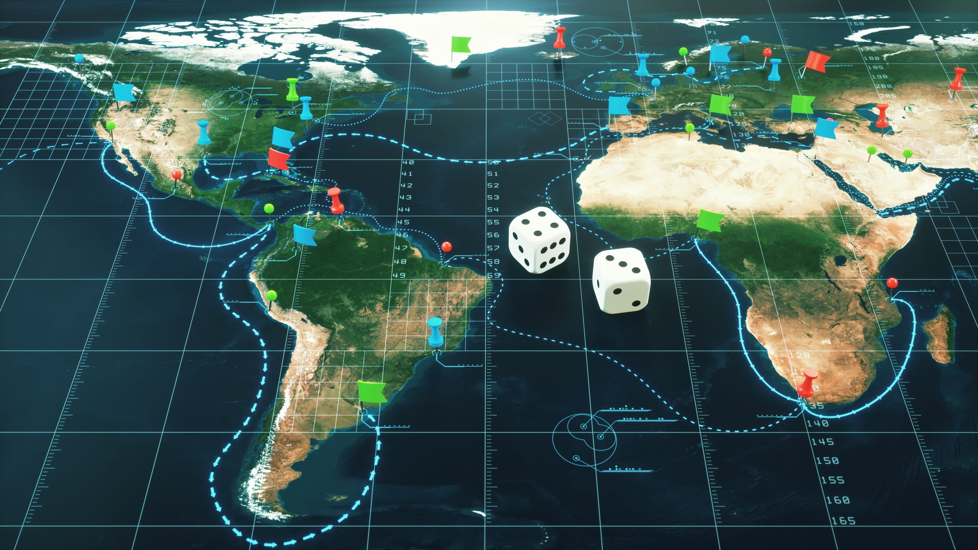 Strategic world map with shipping infographics, flags and dice